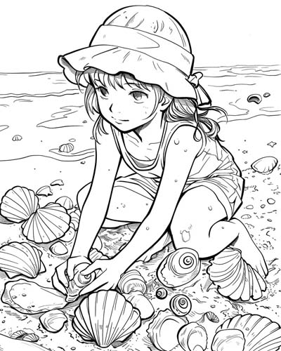 collecting seashells coloring page