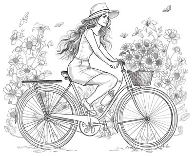 Riding a bicycle in the spring Coloring Page