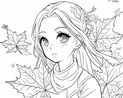 happy girl and maple leaves coloring page