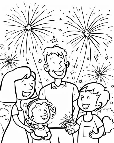 Family fireworks coloring page