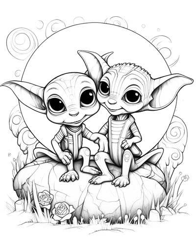 Alien couple in love coloring page