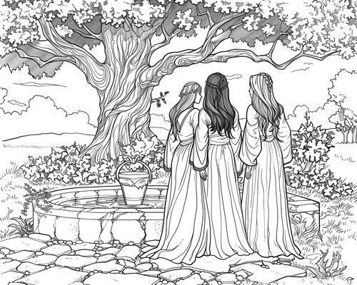 coloring page of The Norns and the sacred well of Urðr
