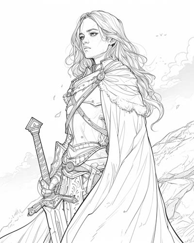 coloring page of the legendary norse heroine Hervor