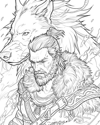 coloring page of the norse god Tyr and his companion Fenrir